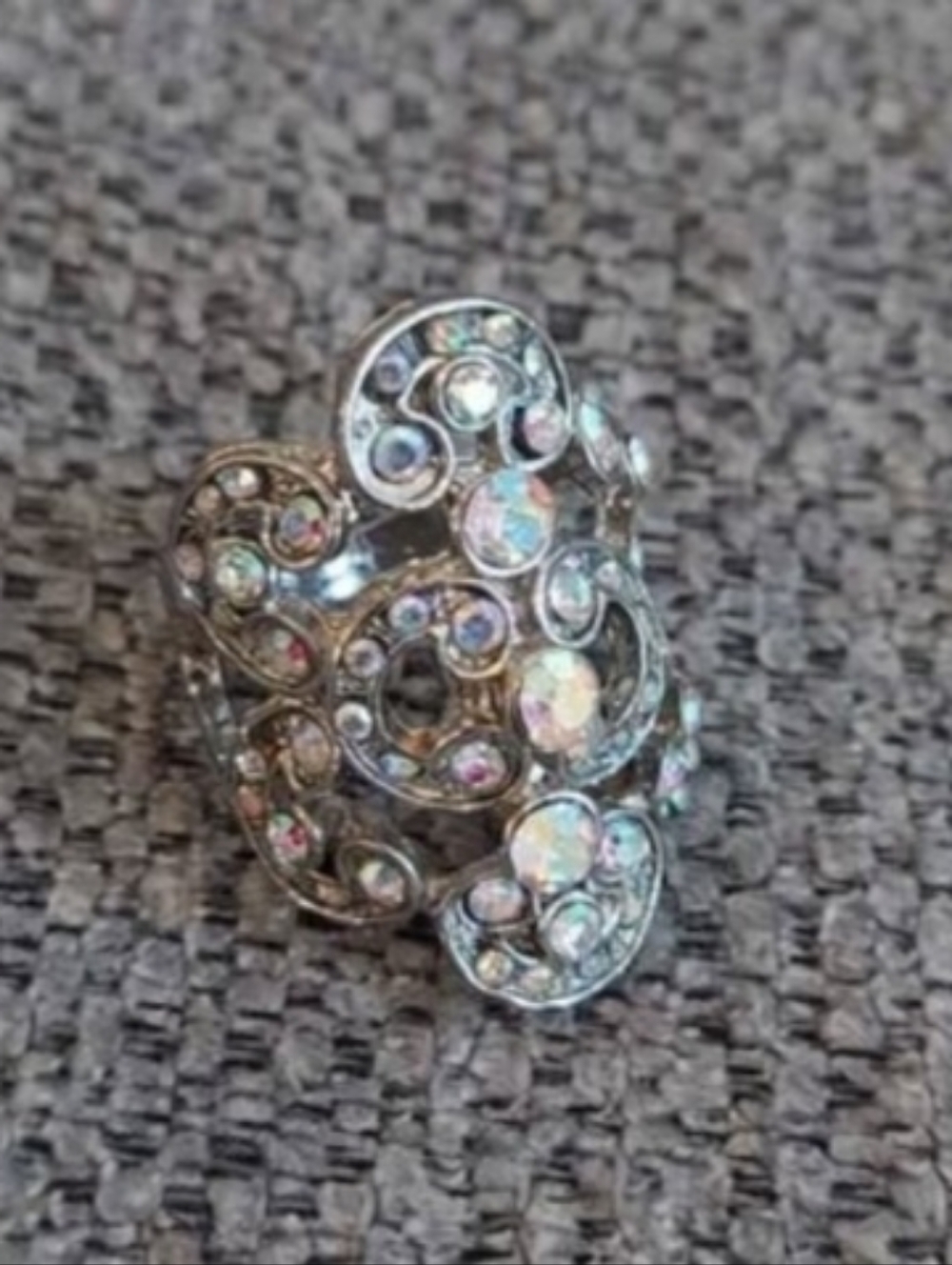 Vintage Aurora Borealis Crystal Filigree Cocktail Ring - Women Jewelry